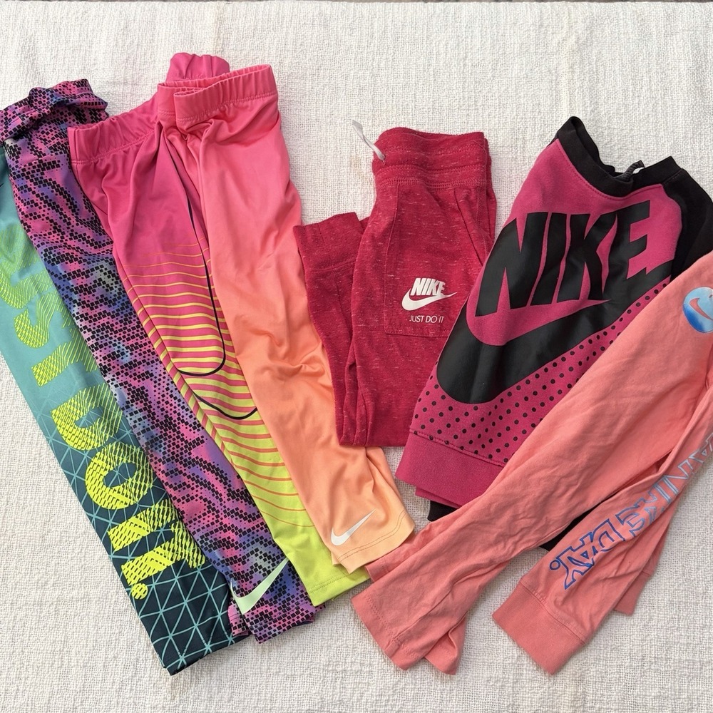 Nike Girls Size 4/5 Lot Of 7 Athletic Leggings Shirts Shorts Pink Orange Sports